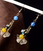 Elegant Multi Agate Ginkgo Leaf Made Of Copper Drop Earrings