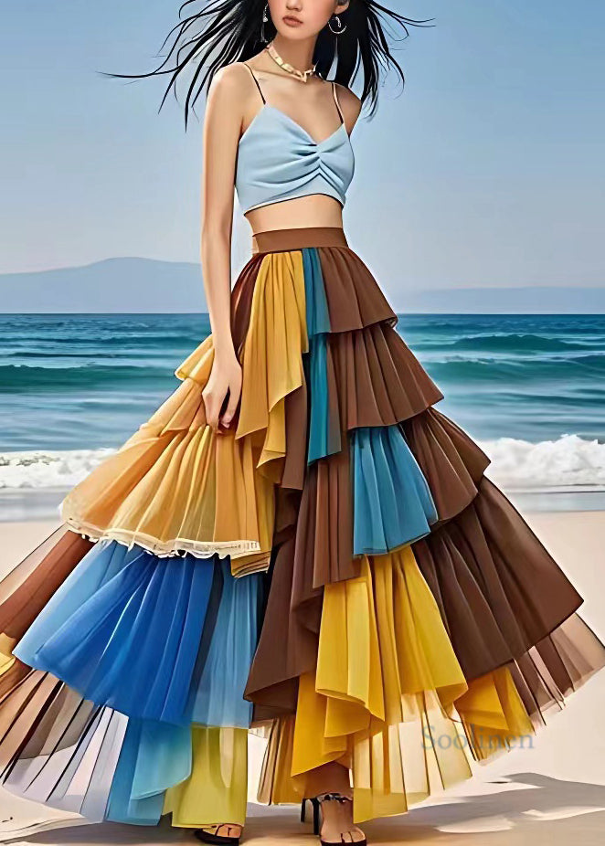 Elegant Multi Elastic Waist Chiffon Maxi Skirts