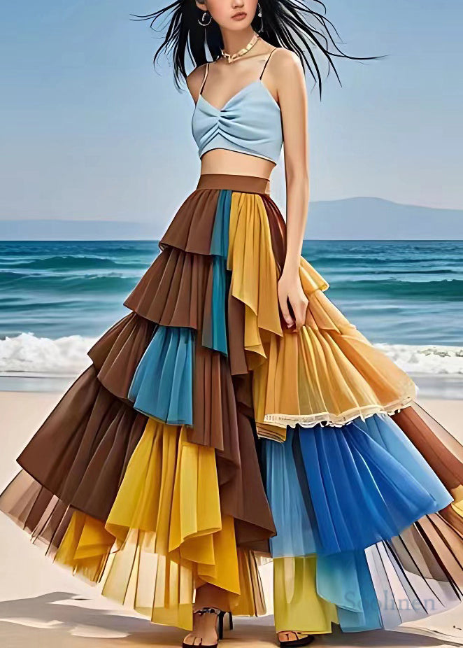 Elegant Multi Elastic Waist Chiffon Maxi Skirts