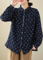 Elegant Navy Button Print Cotton Shirts Long Sleeve