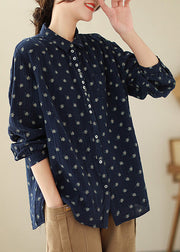 Elegant Navy Button Print Cotton Shirts Long Sleeve