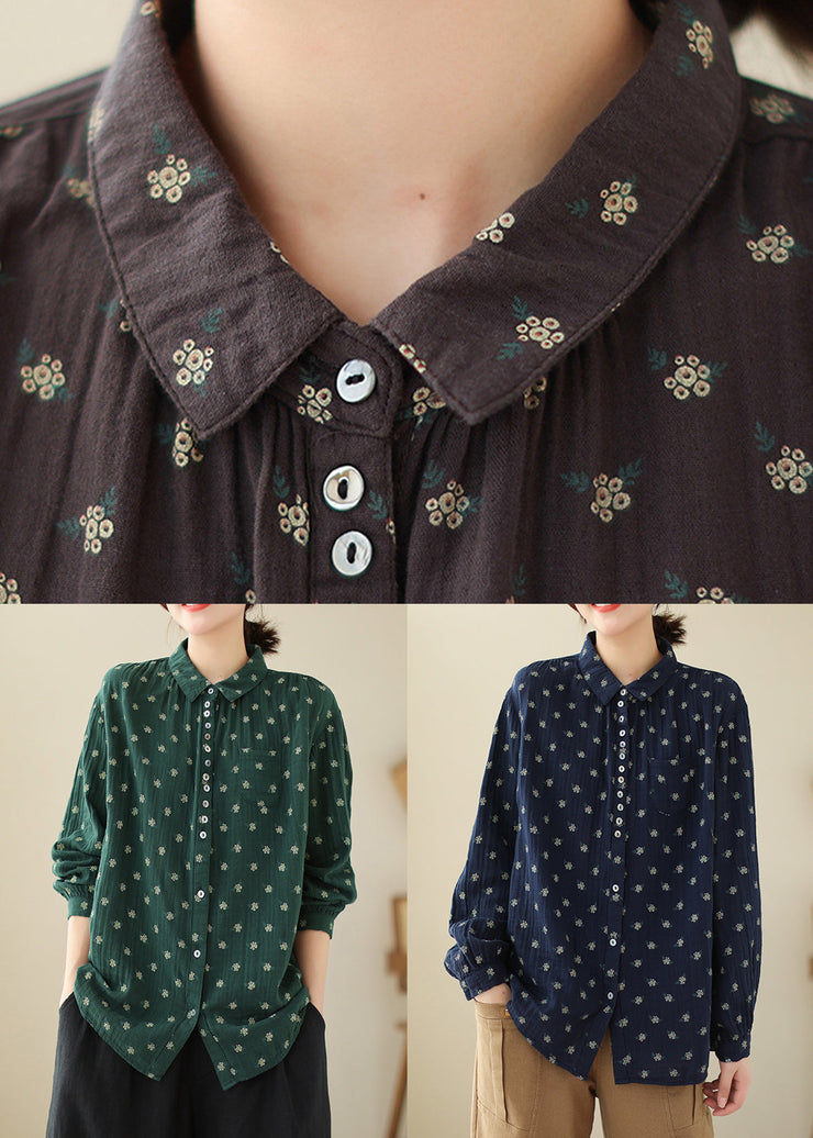 Elegant Navy Button Print Cotton Shirts Long Sleeve