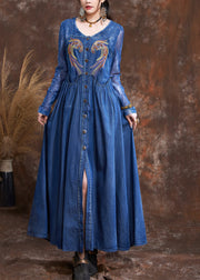 Elegant Navy O-Neck Embroidered Button Robe Denim Dresses Spring