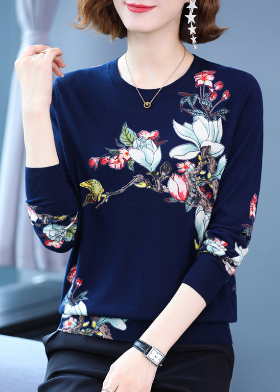 Elegant Navy O Neck Print Loose Woolen Knit Top Spring