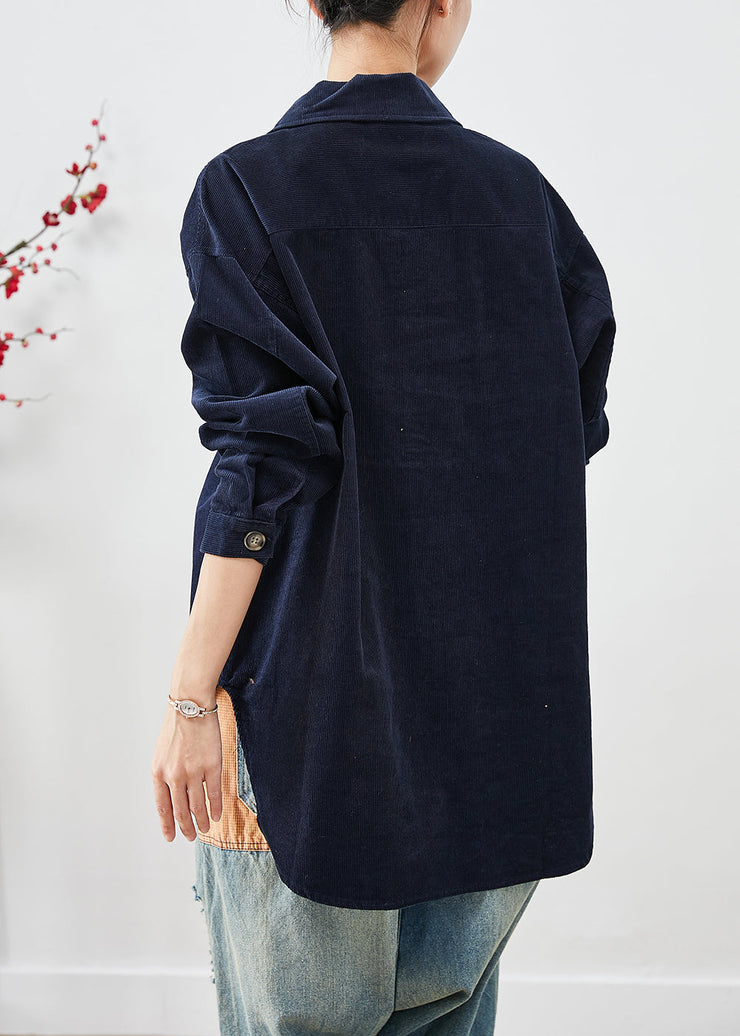 Elegant Navy Oversized Pockets Corduroy Coats Fall