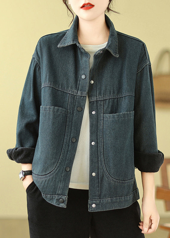 Elegant Navy Oversized Pockets Warm Fleece Denim Jacket Spring