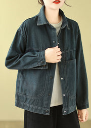 Elegant Navy Oversized Pockets Warm Fleece Denim Jacket Spring