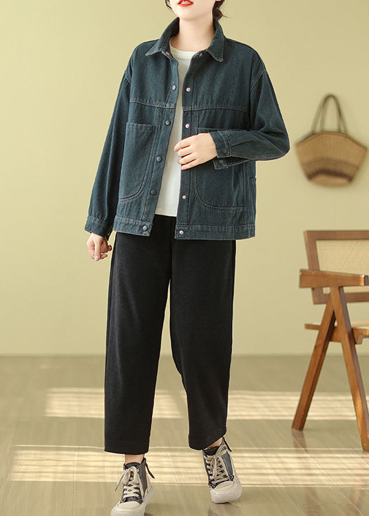 Elegant Navy Oversized Pockets Warm Fleece Denim Jacket Spring