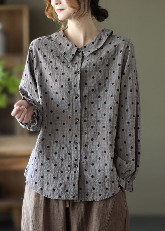 Elegant Navy Peter Pan Collar Dot Print Linen Blouses Lantern Sleeve