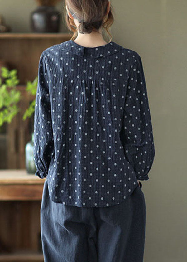 Elegant Navy Peter Pan Collar Dot Print Linen Blouses Lantern Sleeve