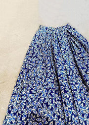 Elegant Navy Print Elastic Waist Patchwork Cotton Maxi Skirts Fall