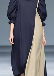 Elegant Navy Turtleneck Patchwork Cotton Long Dresses Half Sleeve