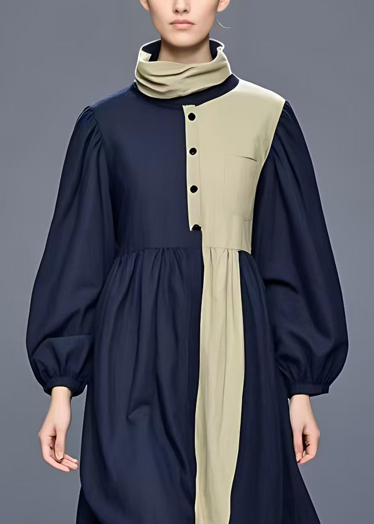 Elegant Navy Turtleneck Patchwork Cotton Maxi Dress Long Sleeve