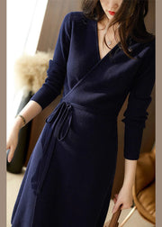 Elegant Navy V Neck Lace Up Patchwork Cotton Knit Mid Dress Fall