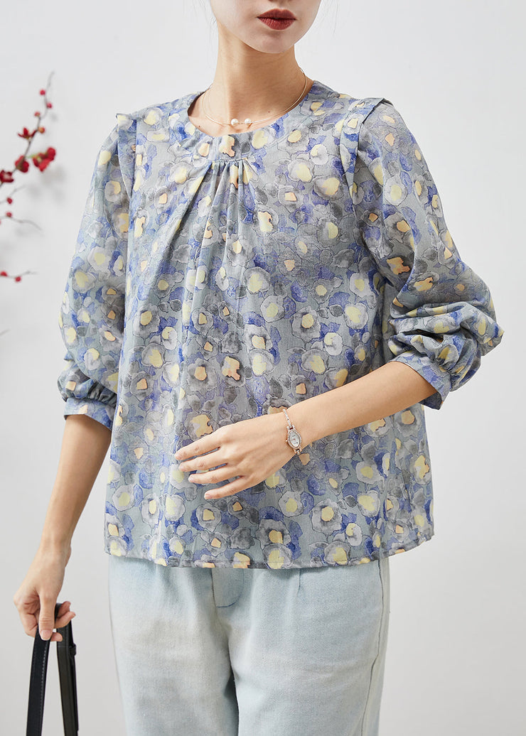 Elegant O-Neck Print Linen Blouses Spring