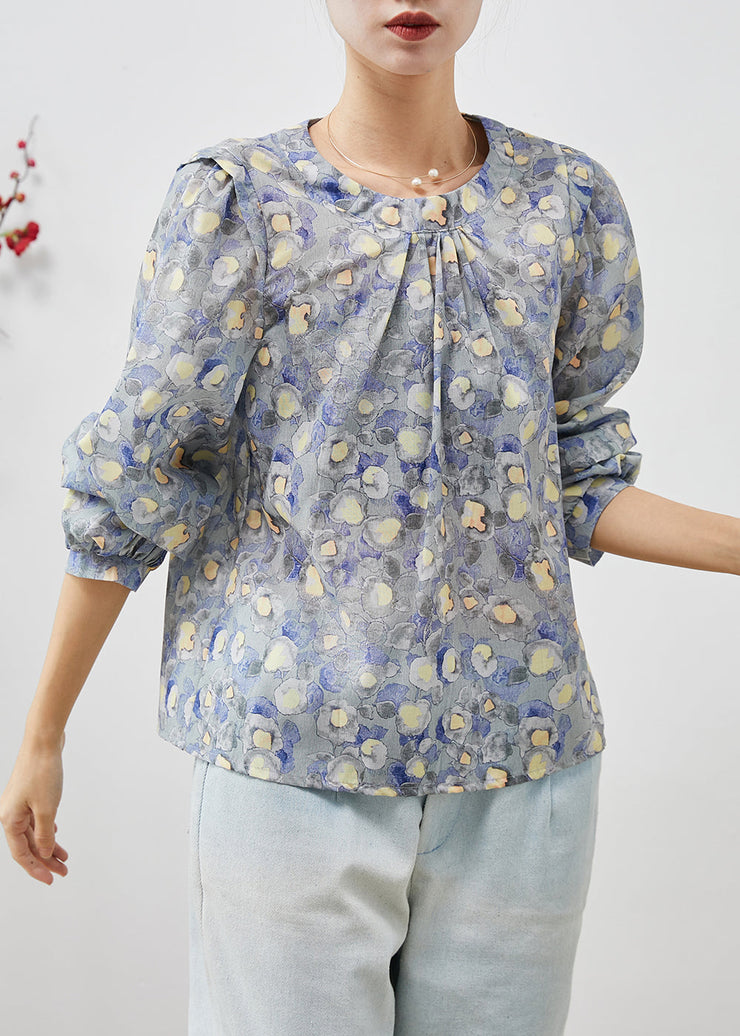 Elegant O-Neck Print Linen Blouses Spring