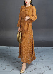 Elegant Orange Dot High Waist Chiffon Long Dress Fall