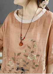 Elegant Orange Embroidered Linen Shirt Top Summer