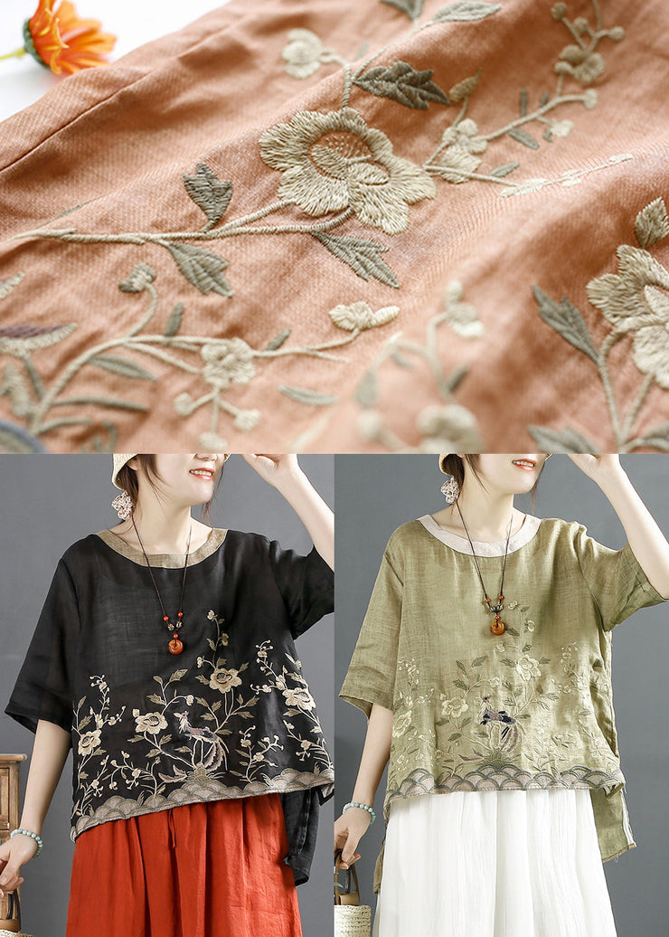 Elegant Orange Embroidered Linen Shirt Top Summer