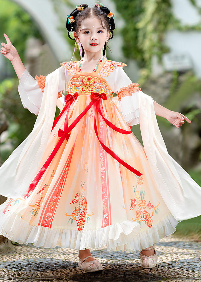 Elegant Orange Embroideried Ruffled Bow Kids Long Dress Summer