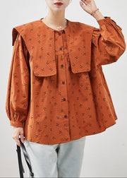 Elegant Orange Oversized Print Cotton Tops Fall