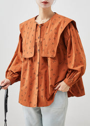 Elegant Orange Oversized Print Cotton Tops Fall