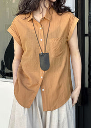 Elegant Orange Peter Pan Collar Button Silk Cotton Shirt Summer