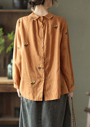 Elegant Orange Peter Pan Collar Embroideried Linen Shirt Long Sleeve