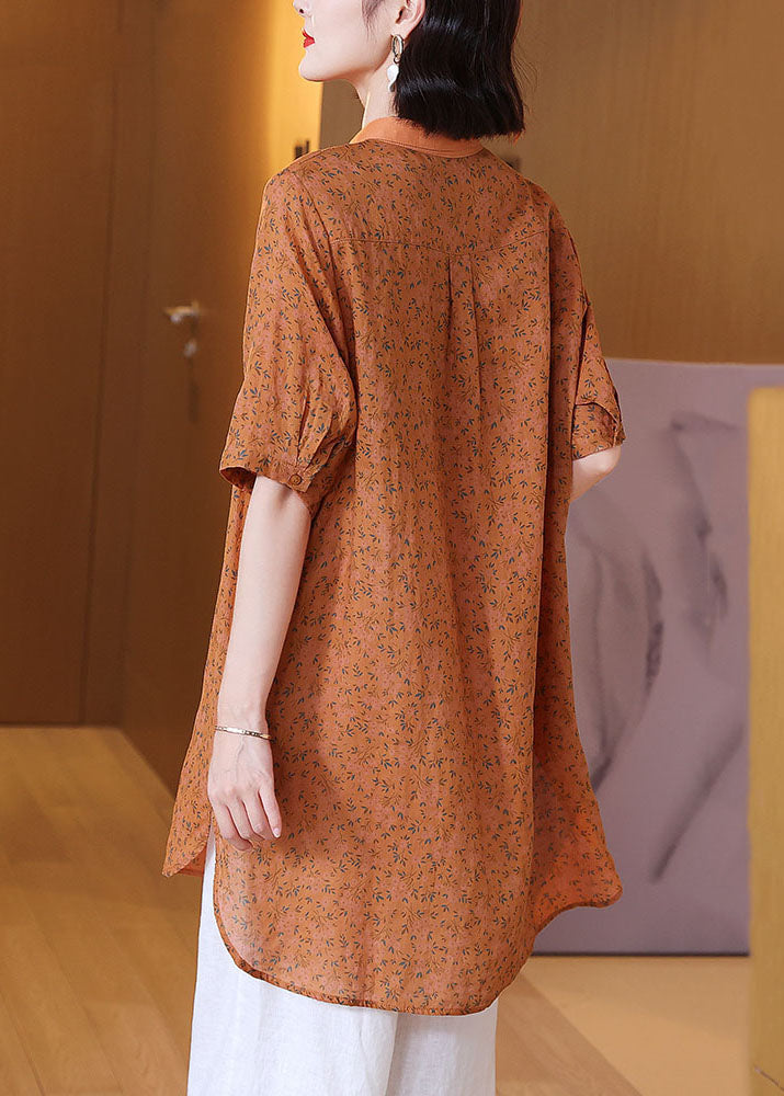 Elegant Orange Peter Pan Collar Print Patchwork Linen Shirts Top Summer