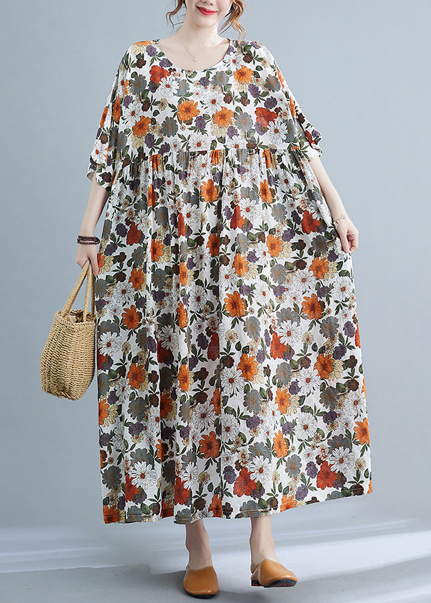 Elegant Orange Print Wrinkled Maxi Dresses Summer