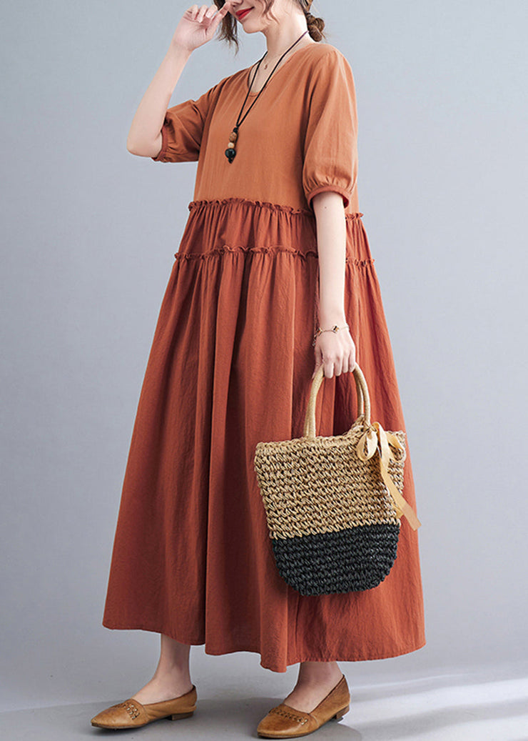 Elegant Orange Ruffled Patchwork Exra Large Hem Cotton Long Dress Summer