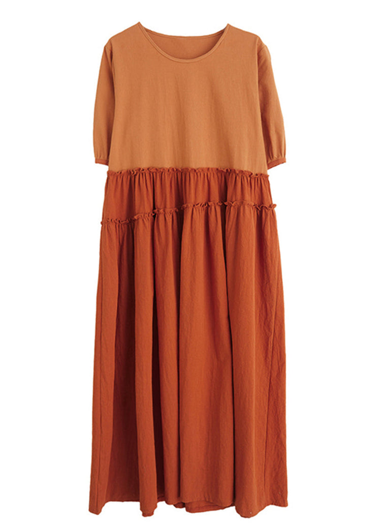 Elegant Orange Ruffled Patchwork Exra Large Hem Cotton Long Dress Summer