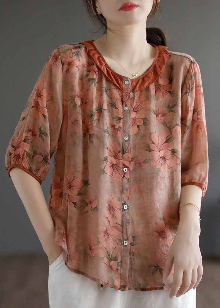 Elegant Orange Ruffled Print Patchwork Linen Shirt Top Summer