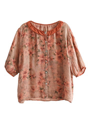 Elegant Orange Ruffled Print Patchwork Linen Shirt Top Summer