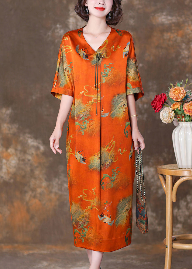 Elegant Orange V Neck Button Print Silk Long Dresses Summer