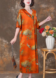 Elegant Orange V Neck Button Print Silk Long Dresses Summer