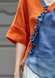 Elegant Orange V Neck Ruffled Chiffon Shirts Half Sleeve