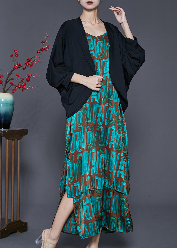 Elegant Peacock Green Print Cotton Two Piece Suit Set Spring