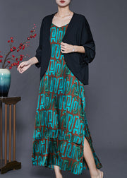 Elegant Peacock Green Print Cotton Two Piece Suit Set Spring