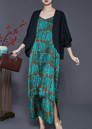 Elegant Peacock Green Print Cotton Two Piece Suit Set Spring