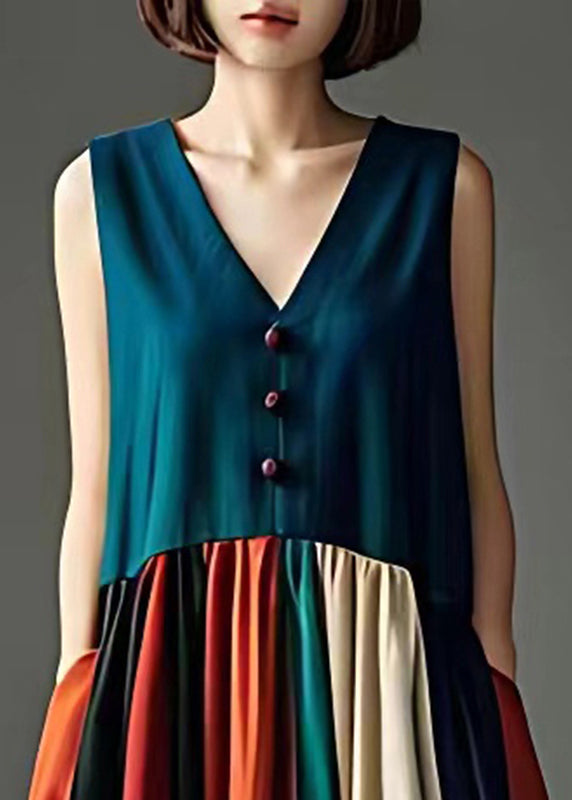 Elegant Peacock Green V Neck Patchwork Cotton Long Dress Sleeveless