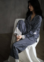 Elegant Peter Pan Collar Dot Button Ice Silk Pajamas Two Pieces Set Long Sleeve