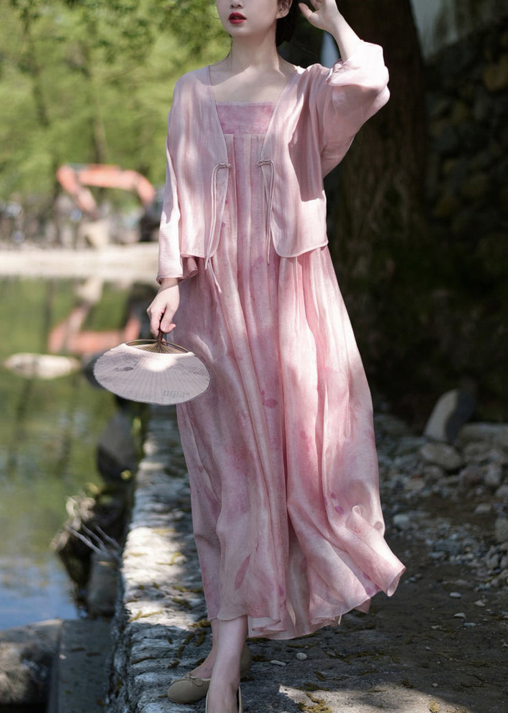 Elegant Pink Button Print Silk Linen Two Pieces Set Long Sleeve