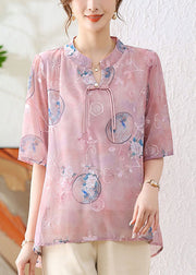 Elegant Pink Chinese Button Print Chiffon Shirt Summer