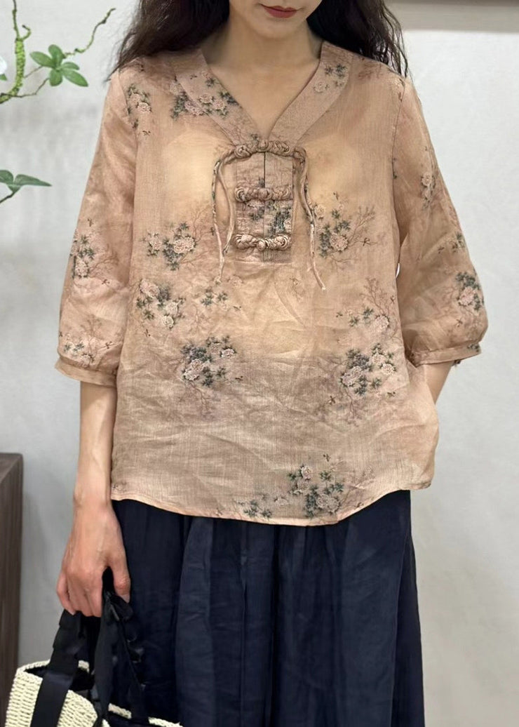 Elegant Pink Chinese Button Print Linen Shirt Half Sleeve