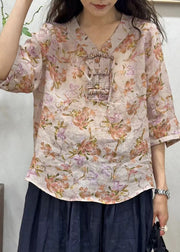 Elegant Pink Chinese Button Print Linen Shirt Half Sleeve