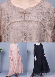 Elegant Pink Embroidered Hollow Out Lace Long Dress Spring