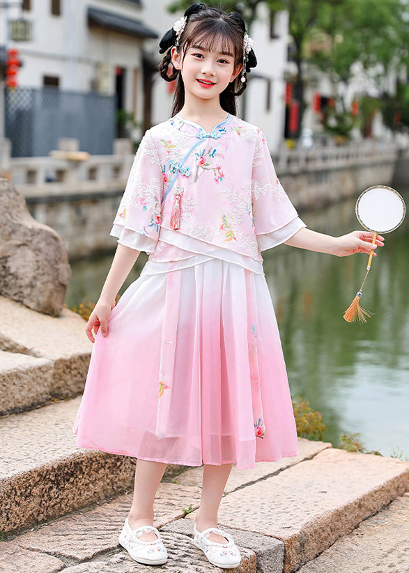 Elegant Pink Embroideried Patchwork Tassel Chiffon Girls Long Dresses Short Sleeve