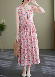 Elegant Pink Lace Up Wrinkled Print Cotton Long Dress Sleeveless