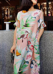 Elegant Pink O Neck Print Silk Long Dresses Summer